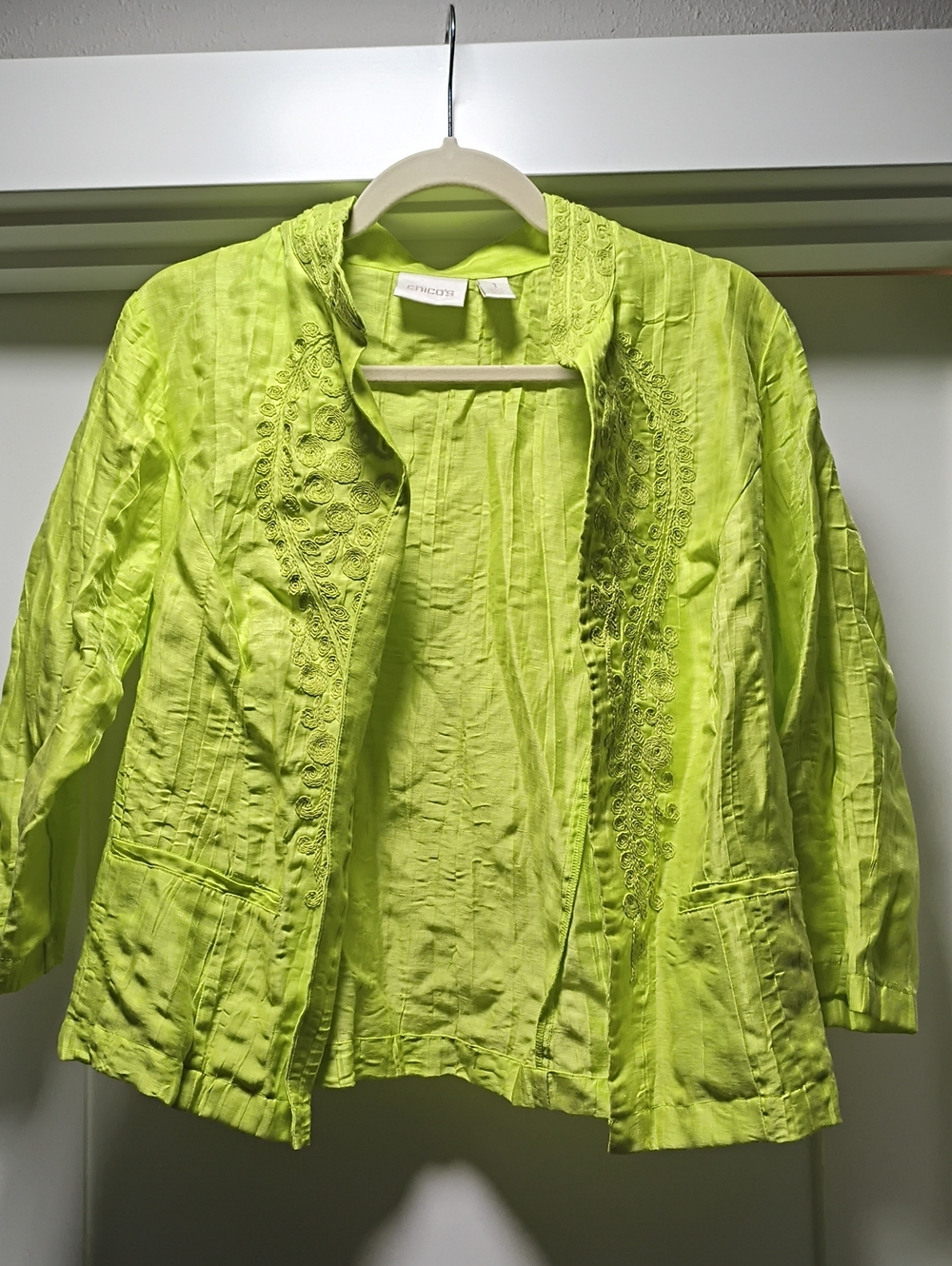 Chico's Lime Green Embroidered Open-Front Jacket